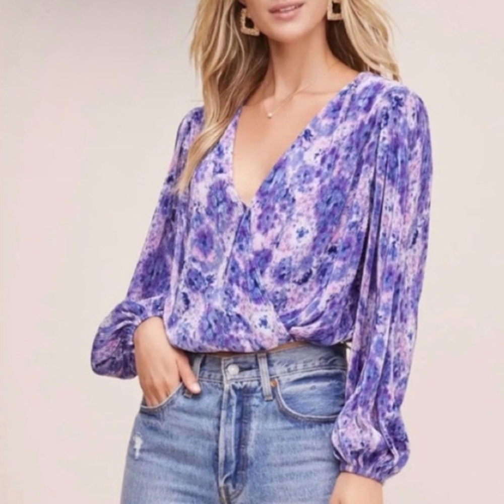 ASTR The Label Purple Pink Tie Dye Pleated Surplice Blouse Size Small Boho Chic